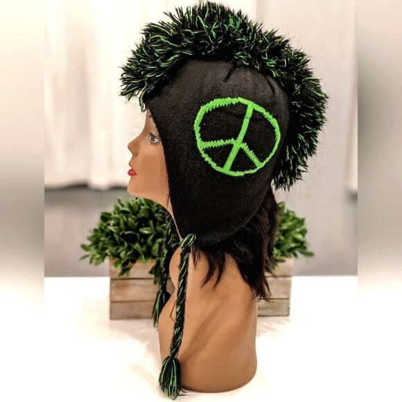 Neon Peace Sign Mohawk Knit Beanie Trapper Hat with Earflaps and Braided Tassels - Picture 1 of 7